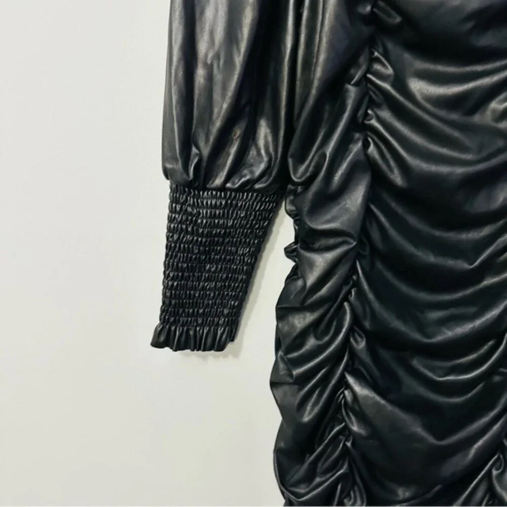 Topshop Faux Leather Ruched Mini Dress Black Puff Sleeve Y2K Baddie US 12 - Picture 7 of 12